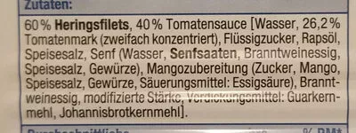 Lista de ingredientes del producto Heringsfilets in Tomatensauce Dreimaster 200 g