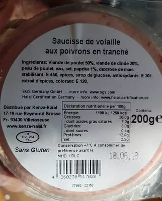 Lista de ingredientes del producto Saucisses de volaille aux poivrons KENZA 200g