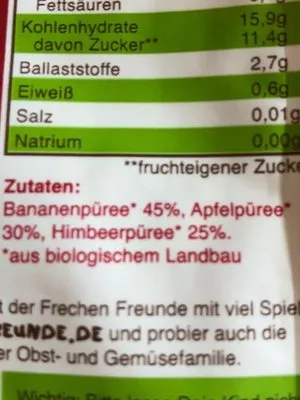 Lista de ingredientes del producto Freche Freunde Apfel, Banane & Himbeere Erdbär 100 Gramm