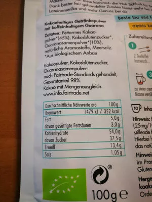 Lista de ingredientes del producto Koffein-Kakao Karamell + Meersalz Koawach 100 g