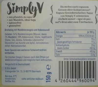 Lista de ingredientes del producto Vegane Genießerscheiben Natur SimplyV 150 g