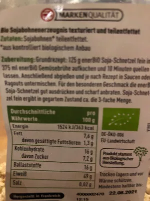 Lista de ingredientes del producto Soja Schnetzel fein Eber Bio 125 g