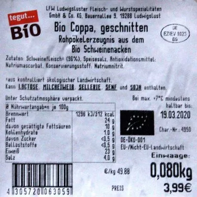 Lista de ingredientes del producto Bio Coppa tegut...Bio,  Tegut 80 g