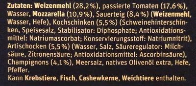 Lista de ingredientes del producto Manufaktur-Steinofenpizza Capricciosa Tegut, Tegut vom Feinsten, Giapizza 340 g