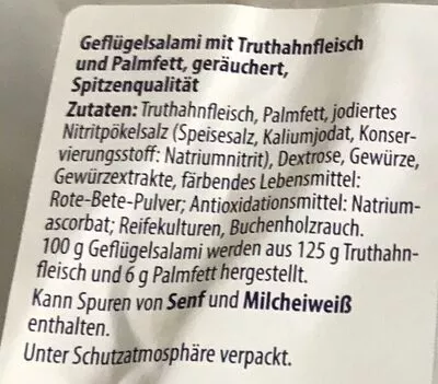 Lista de ingredientes del producto Geflügel-Salami mit Truthahnfleisch und Palmfett geräuchert TiP 150 g