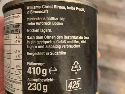 Lista de ingredientes del producto Birne Edeka 230g