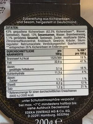 Lista de ingredientes del producto Hummus natur Edeka 200 g