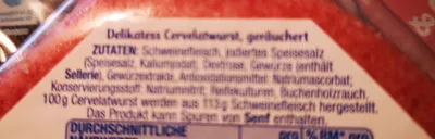 Lista de ingredientes del producto Cervelatwurst, geräuchert Gut & Günstig 200g