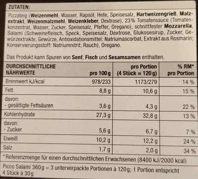 Lista de ingredientes del producto picco Salami edeka 360 g