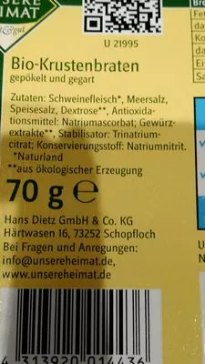 Lista de ingredientes del producto Biokrustenbraten Unsere heimat 