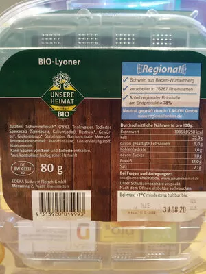 Lista de ingredientes del producto BIO-Lyoner Unsere Heimat 80 g