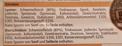 Lista de ingredientes del producto Delikatess Aufschnitt mit Lyoner und Bierschinken Edeka Südwest 0,125kg