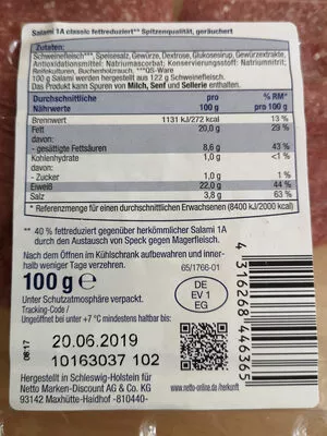 Lista de ingredientes del producto Leichter Genuss Salami 1A Astro 100g