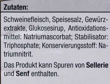 Lista de ingredientes del producto Metzger-Schinken Hofmaier, Kupfer 200 g