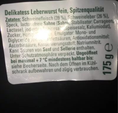 Lista de ingredientes del producto Leberwurst fein Kaufland 175 g