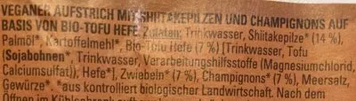 Lista de ingredientes del producto Champignon-Shiitake veganer Bio-Aufstrich Take It Veggie, Kaufland 125 g