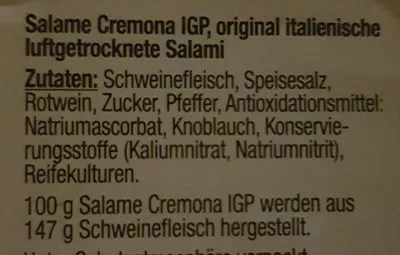 Lista de ingredientes del producto Salame Cremona CP K Exquisit 120 g