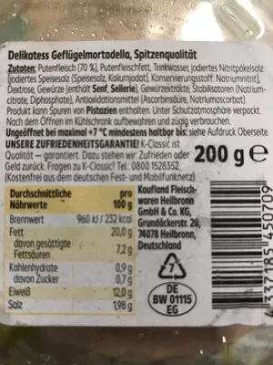 Lista de ingredientes del producto Delikatess Geflügelmortadella Kaufland 200g