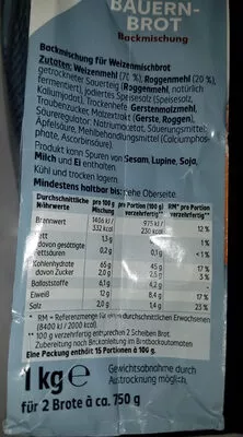 Lista de ingredientes del producto Bauernbrot (verzehrfertig) K-Classic 100g