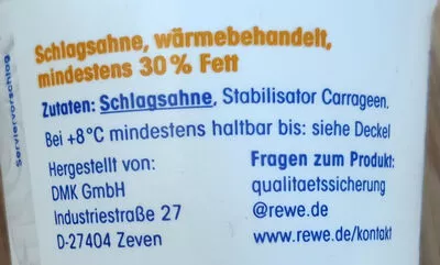 Lista de ingredientes del producto ja! Schlagsahne ja!,  Rewe 200g