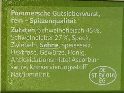 Lista de ingredientes del producto Pommersche Rewe 125 g