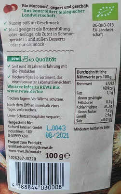 Lista de ingredientes del producto Bio Maronen REWE Bio 100g