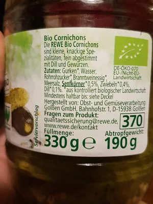 Lista de ingredientes del producto Cornichons REWE Bio 330 g, Abtropfgewicht 190 g