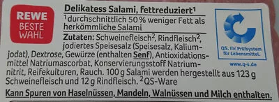 Lista de ingredientes del producto Delikatess Salami fettreduziert REWE Beste Wahl 80 g