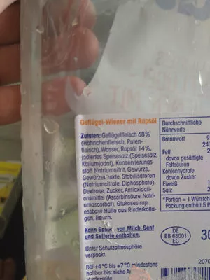 Lista de ingredientes del producto Delikatess Geflügel-Wiener ja! 300 g