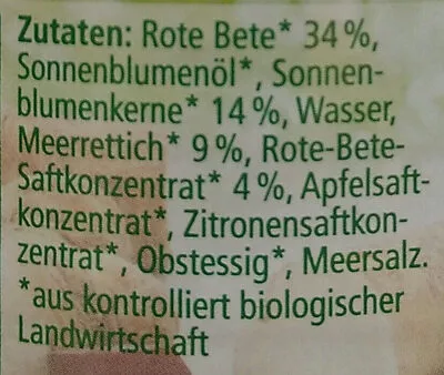 Lista de ingredientes del producto Streichcreme Rote Bete-Meerrettich REWE Bio 180 g