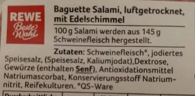 Lista de ingredientes del producto Baguette Salami REWE 80g