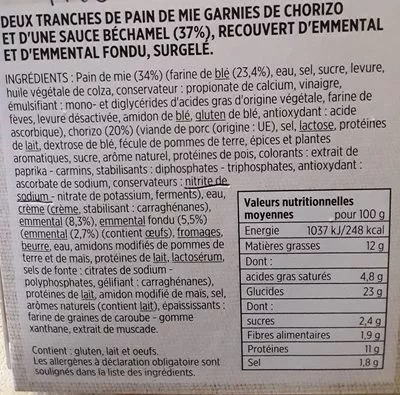 Lista de ingredientes del producto Croque brasserie chorizo emmental Toupargel 