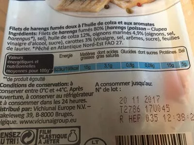 Lista de ingredientes del producto Filets de harengs doux fumes Vici 