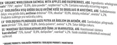 Lista de ingredientes del producto Apple & Raspberry Oatmeal Auga 60 g