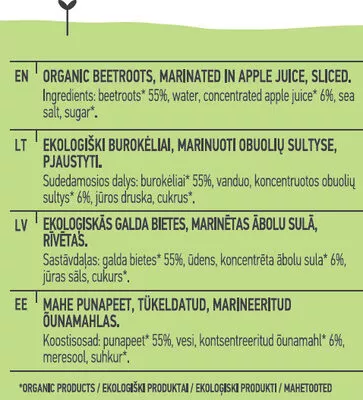 Lista de ingredientes del producto Beetroots in Apple Juice Auga 400 g