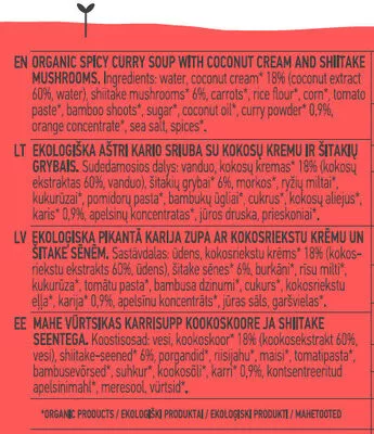 Lista de ingredientes del producto Spicy Curry Soup Auga 400 g