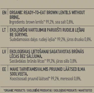 Lista de ingredientes del producto Ready-To-Eat Brown Lentils Auga 150 g