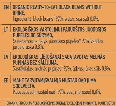 Lista de ingredientes del producto Ready-To-Eat Black Beans Auga 150 g