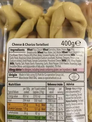 Lista de ingredientes del producto Cheese & Chorizo Tortelloni Coop 400 g