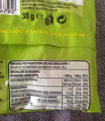 Lista de ingredientes del producto Skittles sabor fruta ácida Skittles 38 g