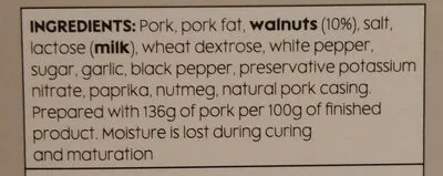 Lista de ingredientes del producto Perigord Walnut Saucisson Sec Waitrose, No 1 180 g