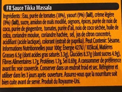 Lista de ingredientes del producto Tikka Masala Sharwood's 420g