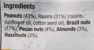 Lista de ingredientes del producto Mixed nuts & raisins Morrisons 1