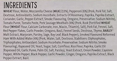 Lista de ingredientes del producto Stone baked thin meat feast pizza Goodfella's, Birds Eye 345 g