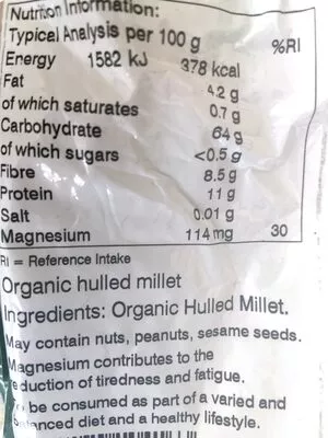 Lista de ingredientes del producto Organic millet grain Holland & Barrett 500g