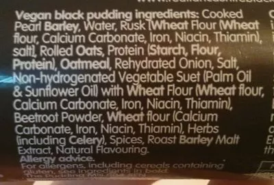 Lista de ingredientes del producto VPud The Real Lancashire Black Pudding Company 200 g