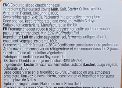 Lista de ingredientes del producto Cheddar tranche Wyke Farms 20 g, 8 tranches