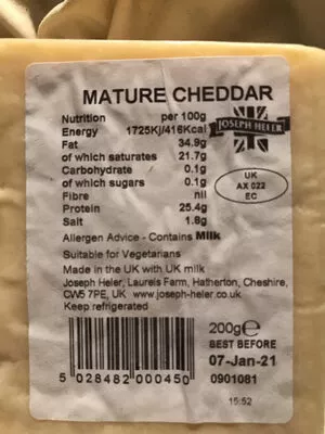 Lista de ingredientes del producto Joseph Heler Mature Cheddar Joseph Heler 200g