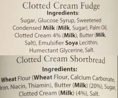 Lista de ingredientes del producto Clotted Cream Fudge & Shortbread Westminster Abbey, Farrah's 370g