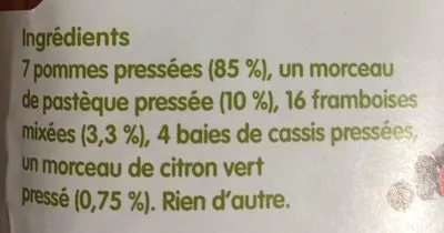 Lista de ingredientes del producto Pastèque framboise pomme & citron vert Innocent 